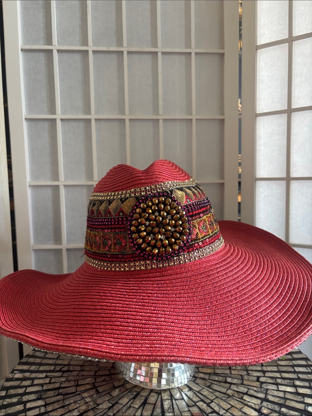 Vintage Whittall & Shon Beaded Wide-Brim Red Sun Hat with Decorative Medallion